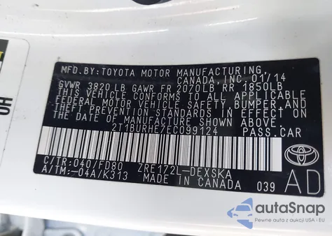 2014 Toyota Corolla S Plus z USA, uszkodzony, nr VIN 2T1BURHE7EC099124